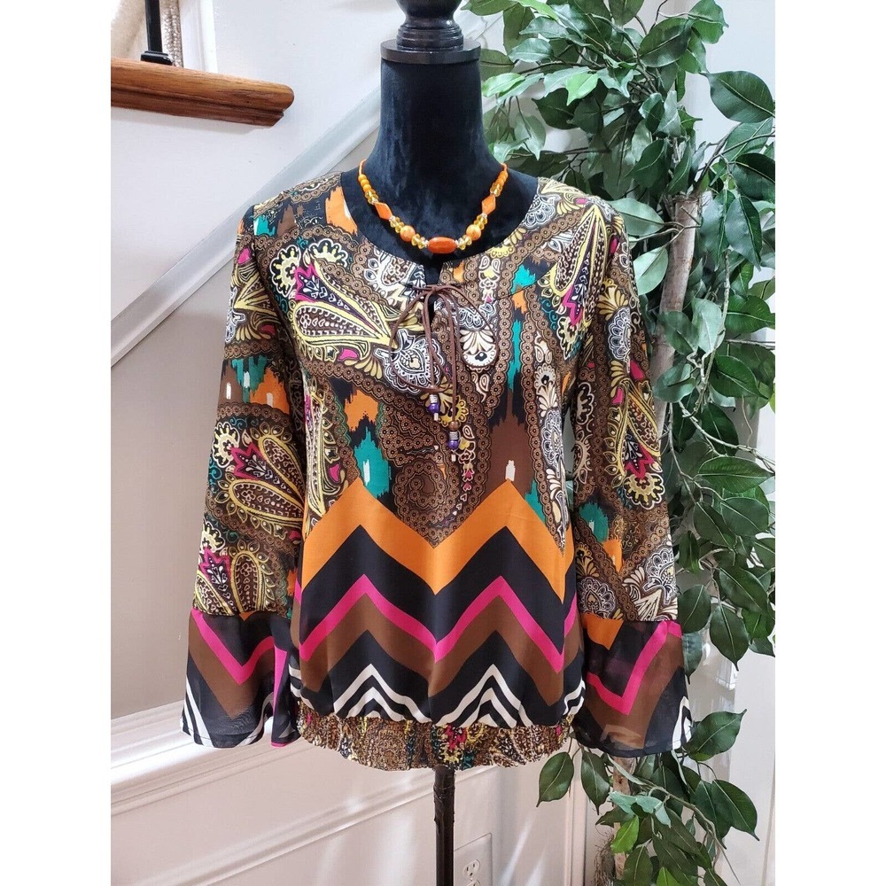 Emma K Women Multicolor Polyester Round Neck Long Sleeve Pullover Blouse Size M